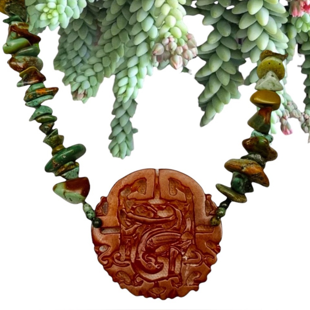 Cara NY Carved Stone Pendant Adjustable Cord Turquoise Color Chip Bead Necklace